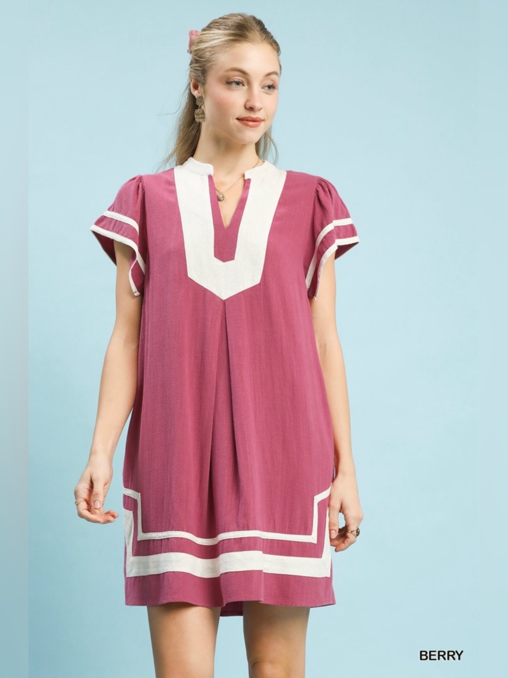 Umgee Linen Contrast Trim Short Sleeve Dress – Berry ❤️🍓🛍️